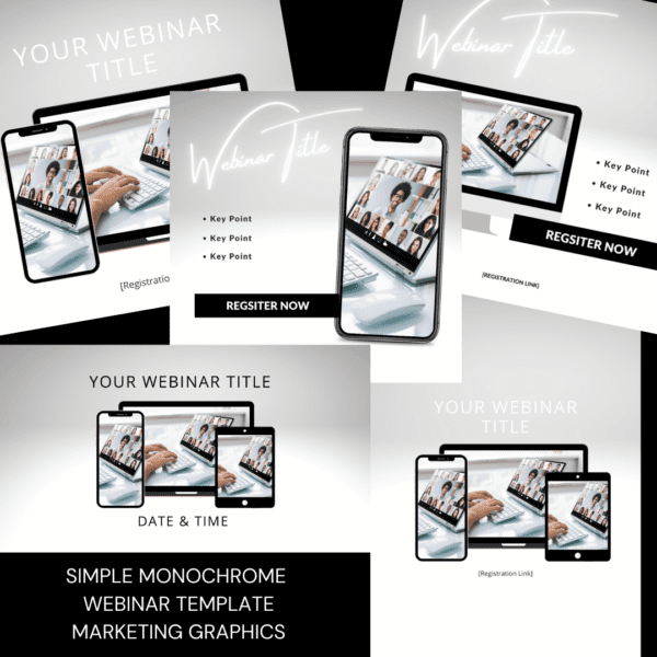 A set of Simple Monochrome Webinar Template Kit images.