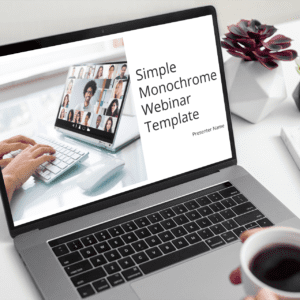 A Simple Monochrome Webinar Template Kit with a cup of coffee and a laptop screen.