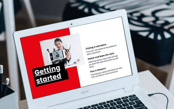 A branded laptop with a Branded Canva Slide Deck Template Setup displaying the words "getting started".