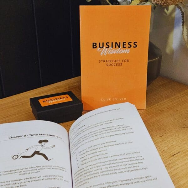 A cup of coffee next to Business Wisdom: Strategies for Success.