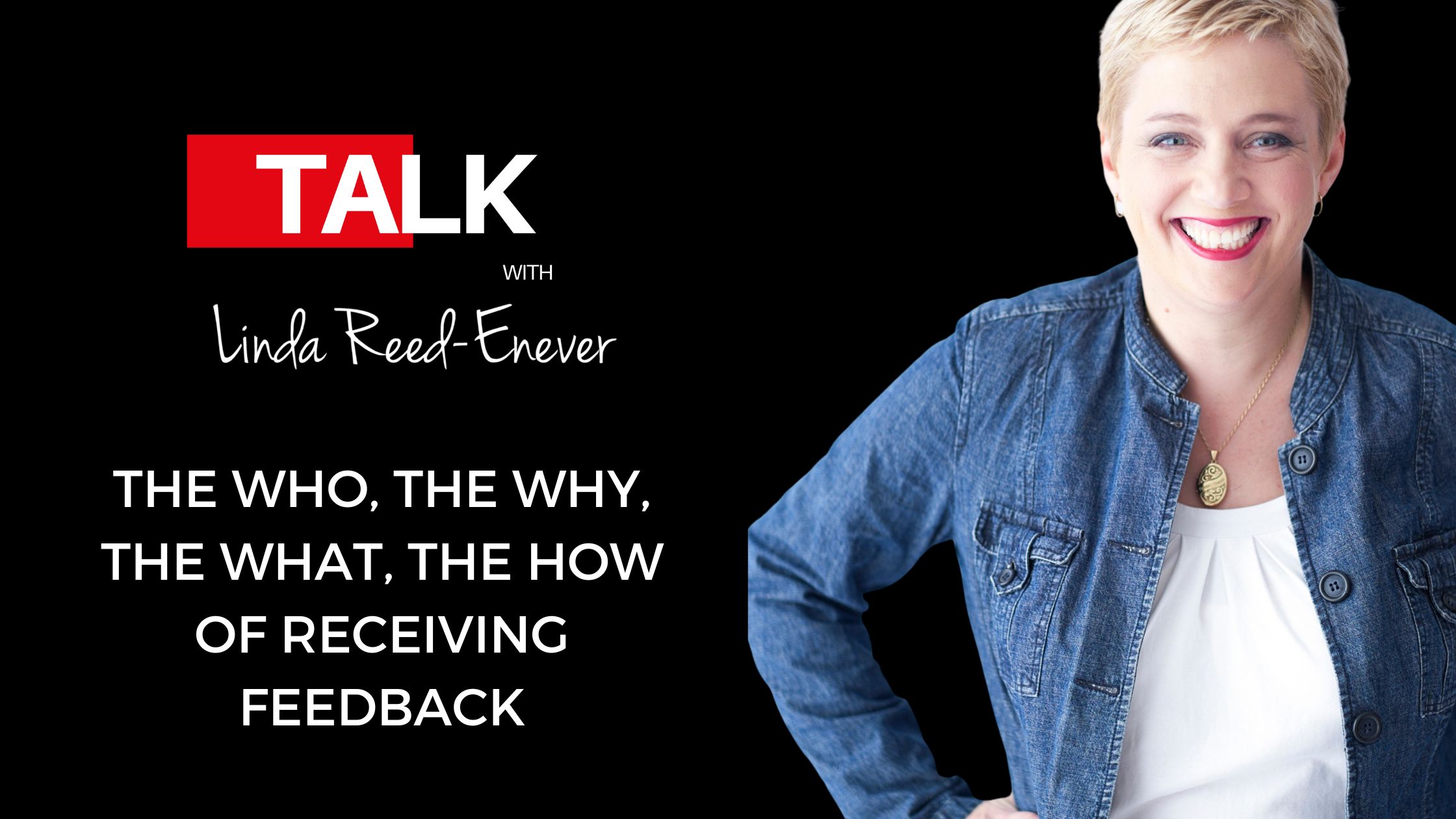 A woman in a denim jacket with the words talk the who the why, what the new retweeting feedback.